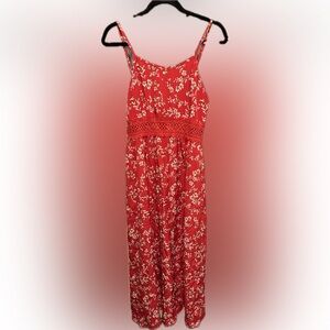 Red Floral Hollow Waist Dress with Slit
